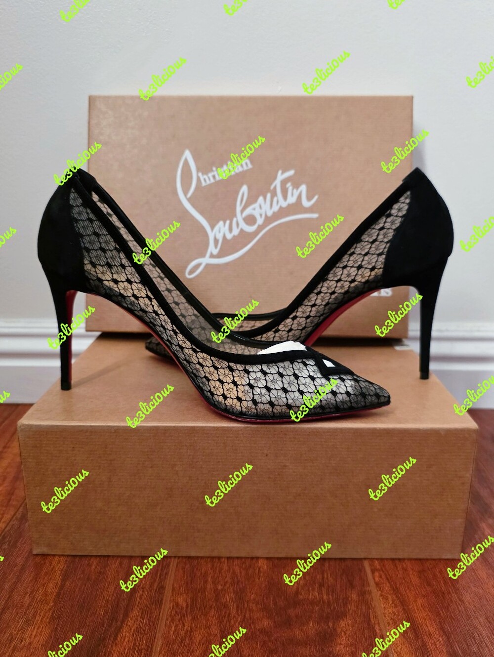 CHRISTIAN LOUBOUTIN NEOALTO 85mm BLACK LACE MESH SUEDE RESILLE HIGH HEEL SIZE 39